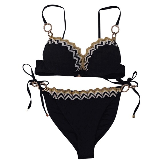 Y2K Bikini Swimsuit Crochet Pushup Bra 8 Top 6 String Small S Black Gold Mobwife - Picture 1 of 12